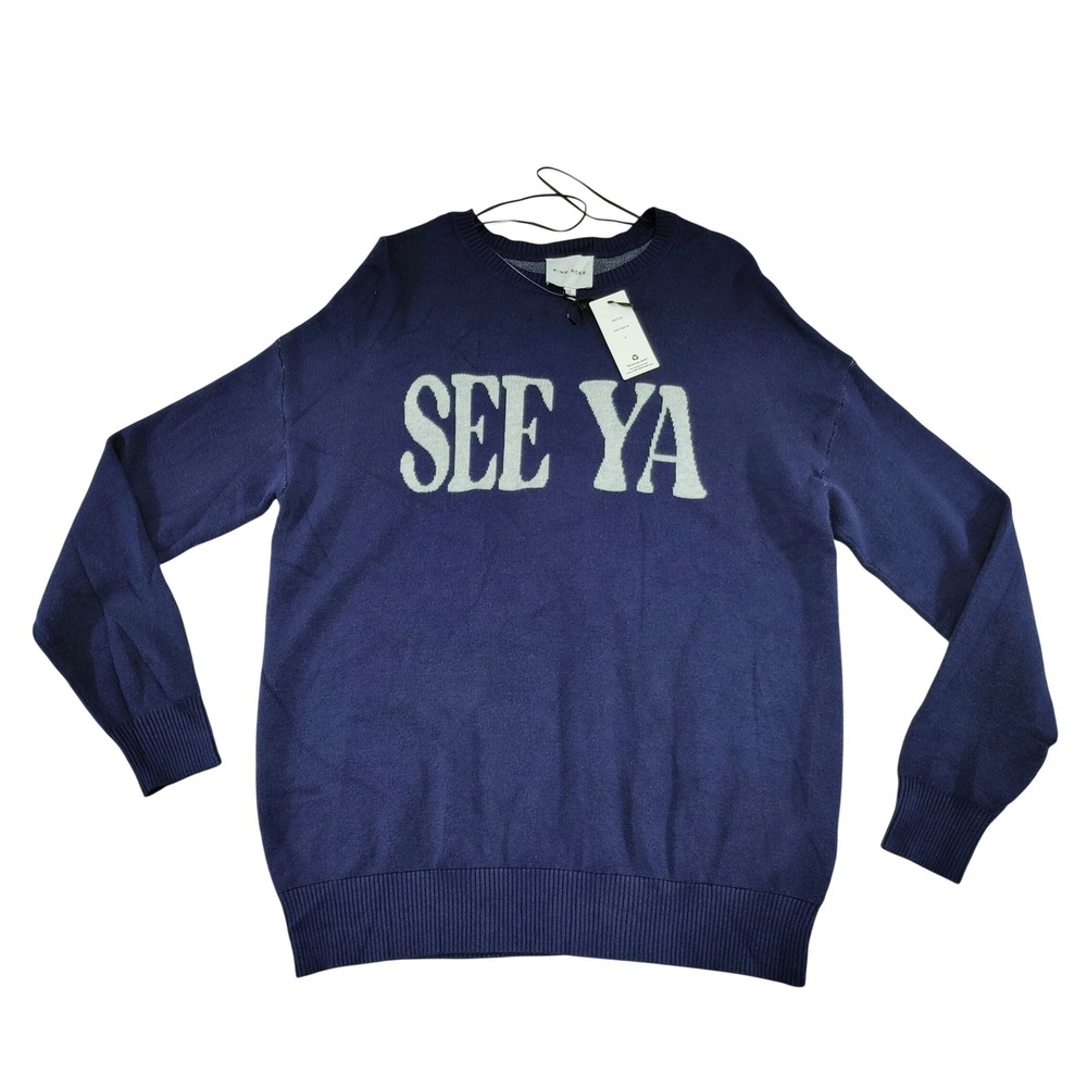 Pink Rose Navy Blue SEE YA Graphic Crewneck Sweater Womens Size S